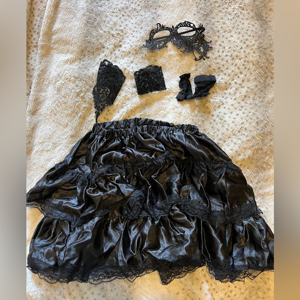 Chic Black Satin A-Line Skirt, gloves & mask